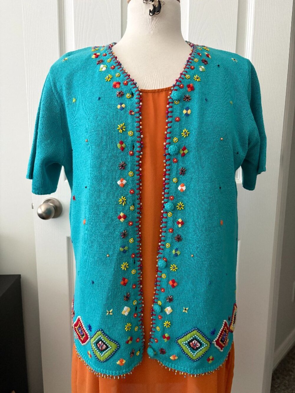 Vintage Denim & Co. Embroidered Turquoise Short Sleeve Cardigan Size M
